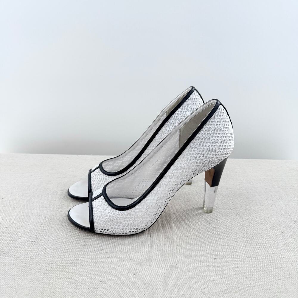 Chanel Crochet Mesh Acrylic Heel Pumps White Black Women's Size EU 41.5